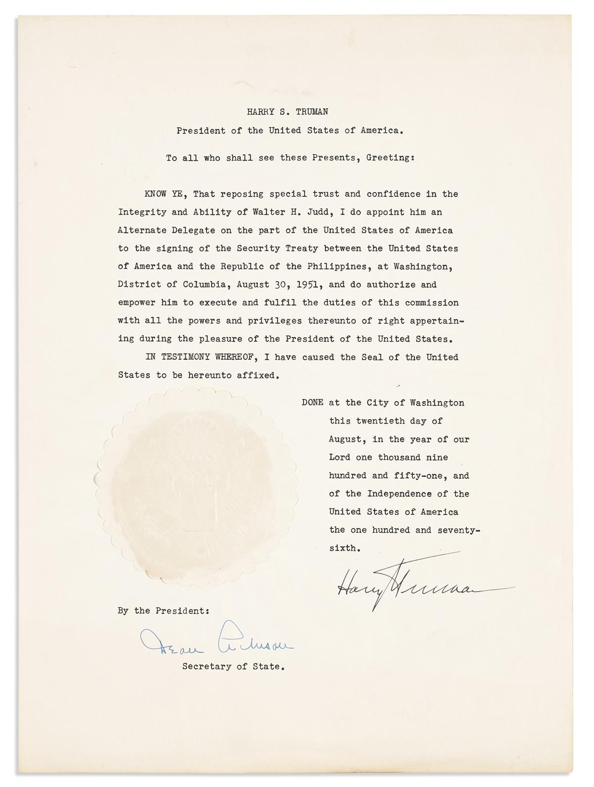 TRUMAN, HARRY S. Two Typed Documents Signed, as President, each appointing Walter H. Judd Alternate Delegate to the signing of a U.S. S
